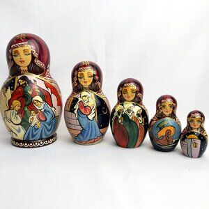 Russian Vintage Hand-Painted Nativity Matryoshka Nesting Dolls Signed 5 pc. set